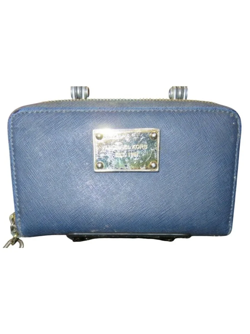 Michael Kors Blue Saffiano Leather Zip around wallet wristlet